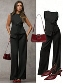 Vendedor IndicadoSJD MODA LADY conjunto fenda frontal com cinto luis twil top sem manga e calca larga elegante social morderno OL office chic