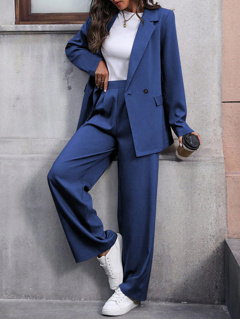 Calvaya Terno de Blazer e Calça de Cor Sólida de Manga Longa de Dupla Altura para Mulheres