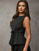 Vendedor IndicadoSJD MODA LADY conjunto fenda frontal com cinto luis twil top sem manga e calca larga elegante social morderno OL office chic