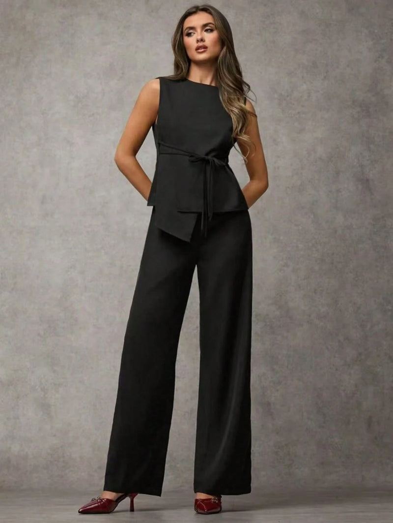 Vendedor IndicadoSJD MODA LADY conjunto fenda frontal com cinto luis twil top sem manga e calca larga elegante social morderno OL office chic