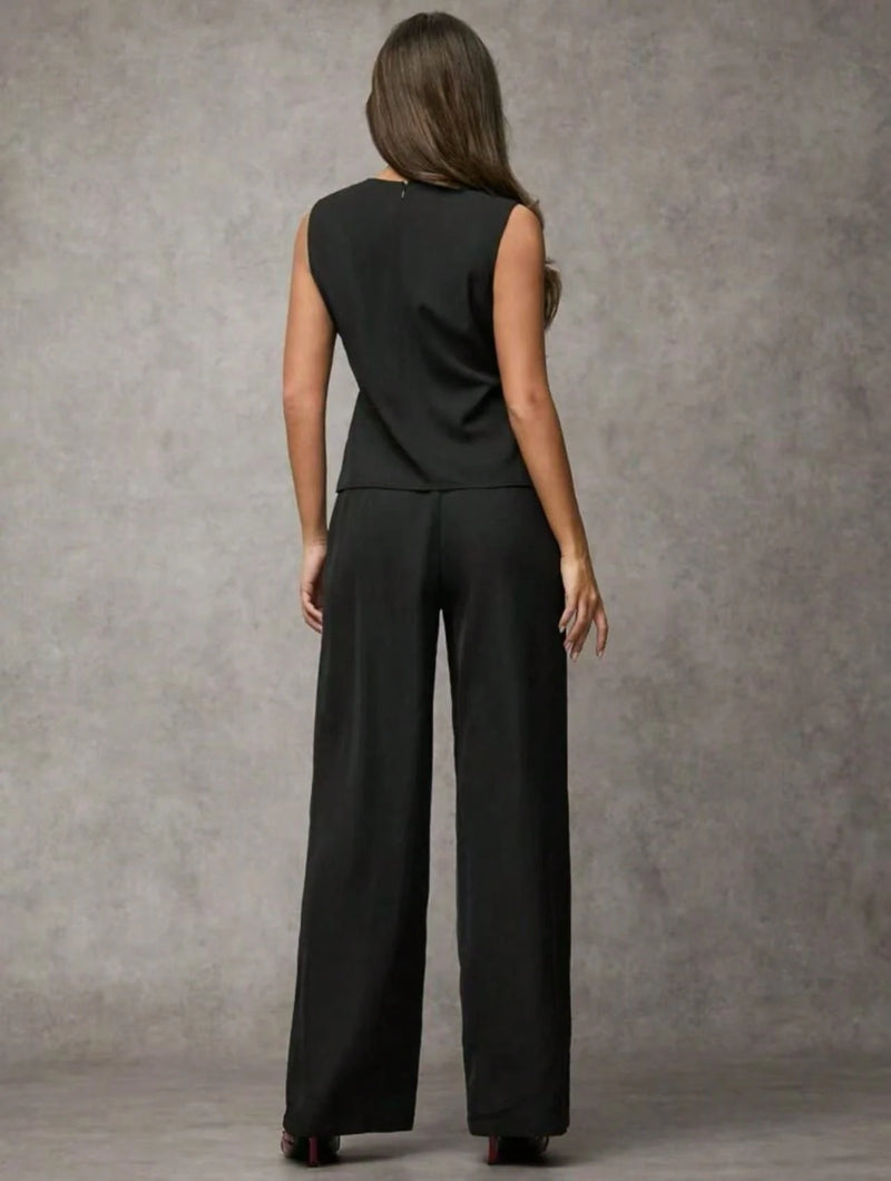 Vendedor IndicadoSJD MODA LADY conjunto fenda frontal com cinto luis twil top sem manga e calca larga elegante social morderno OL office chic