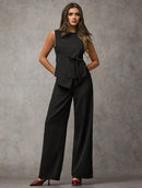 Vendedor IndicadoSJD MODA LADY conjunto fenda frontal com cinto luis twil top sem manga e calca larga elegante social morderno OL office chic