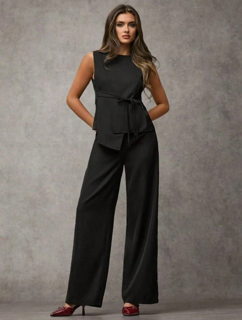 Vendedor IndicadoSJD MODA LADY conjunto fenda frontal com cinto luis twil top sem manga e calca larga elegante social morderno OL office chic