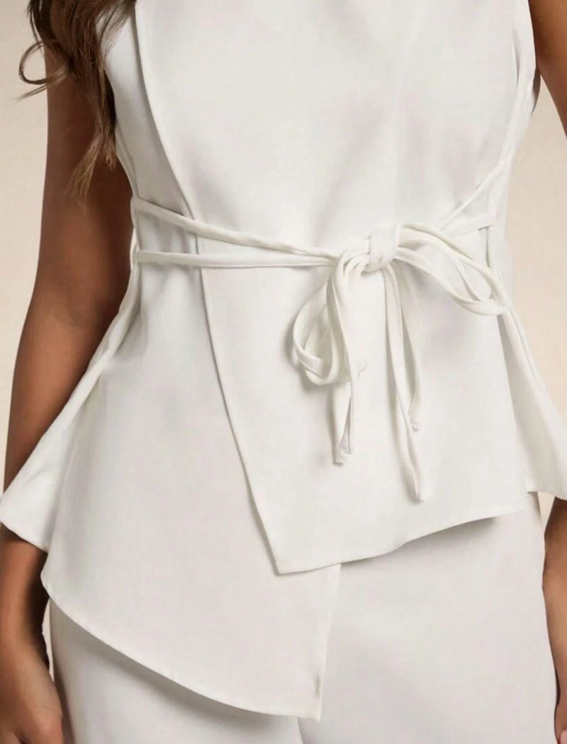 Vendedor IndicadoSJD MODA LADY conjunto fenda frontal com cinto luis twil top sem manga e calca larga elegante social morderno OL office chic