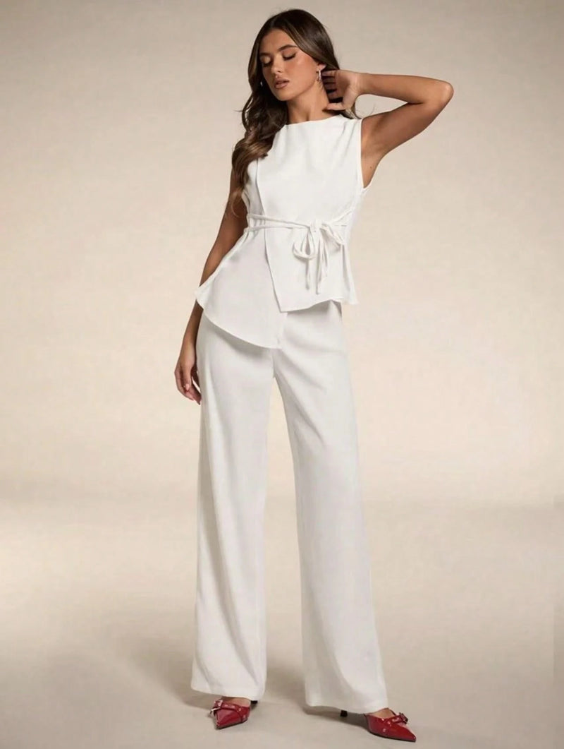 Vendedor IndicadoSJD MODA LADY conjunto fenda frontal com cinto luis twil top sem manga e calca larga elegante social morderno OL office chic
