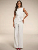 Vendedor IndicadoSJD MODA LADY conjunto fenda frontal com cinto luis twil top sem manga e calca larga elegante social morderno OL office chic