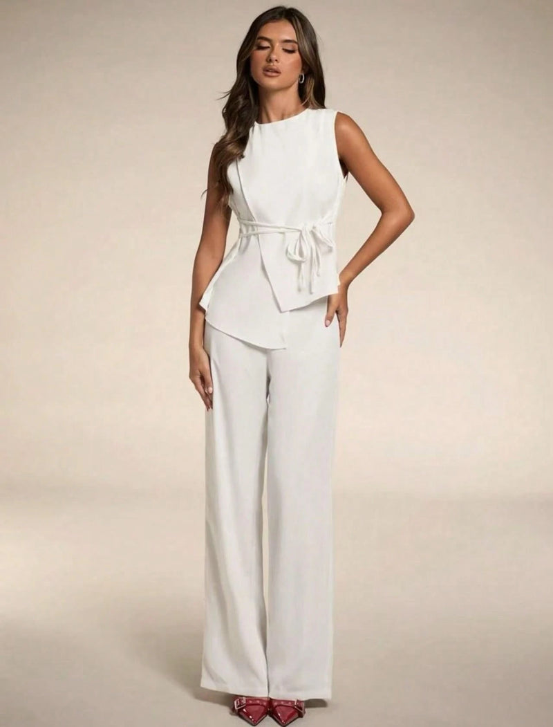 Vendedor IndicadoSJD MODA LADY conjunto fenda frontal com cinto luis twil top sem manga e calca larga elegante social morderno OL office chic