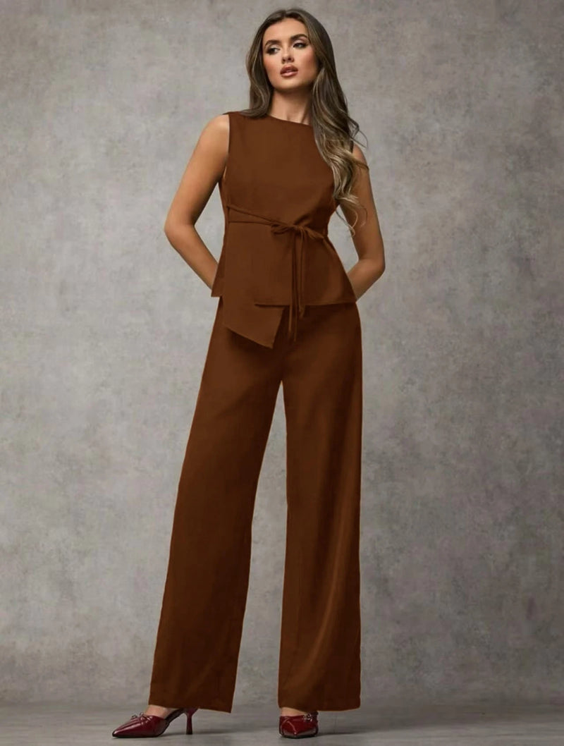 Vendedor IndicadoSJD MODA LADY conjunto fenda frontal com cinto luis twil top sem manga e calca larga elegante social morderno OL office chic
