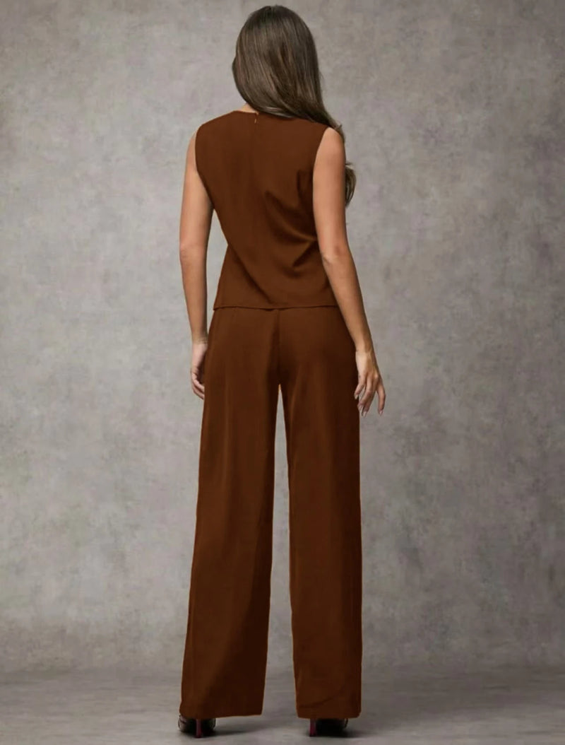 Vendedor IndicadoSJD MODA LADY conjunto fenda frontal com cinto luis twil top sem manga e calca larga elegante social morderno OL office chic