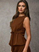 Vendedor IndicadoSJD MODA LADY conjunto fenda frontal com cinto luis twil top sem manga e calca larga elegante social morderno OL office chic