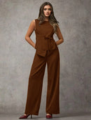 Vendedor IndicadoSJD MODA LADY conjunto fenda frontal com cinto luis twil top sem manga e calca larga elegante social morderno OL office chic