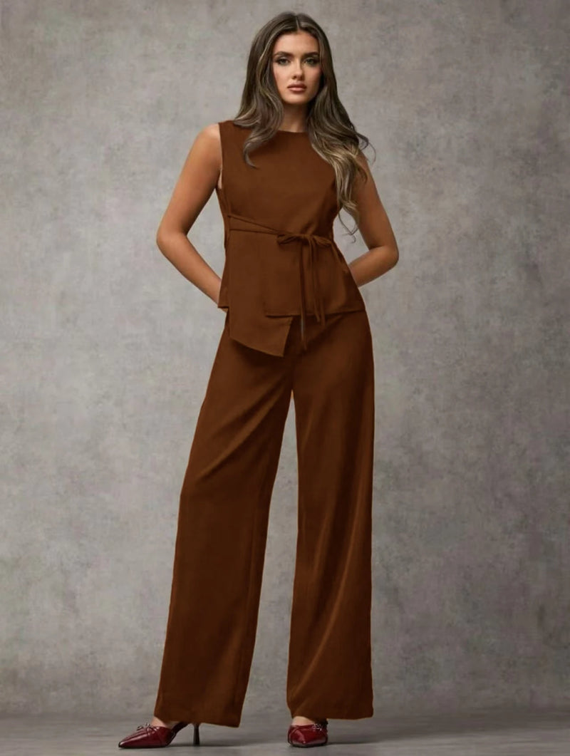 Vendedor IndicadoSJD MODA LADY conjunto fenda frontal com cinto luis twil top sem manga e calca larga elegante social morderno OL office chic