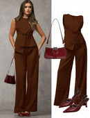 Vendedor IndicadoSJD MODA LADY conjunto fenda frontal com cinto luis twil top sem manga e calca larga elegante social morderno OL office chic