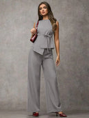 Vendedor IndicadoSJD MODA LADY conjunto fenda frontal com cinto luis twil top sem manga e calca larga elegante social morderno OL office chic