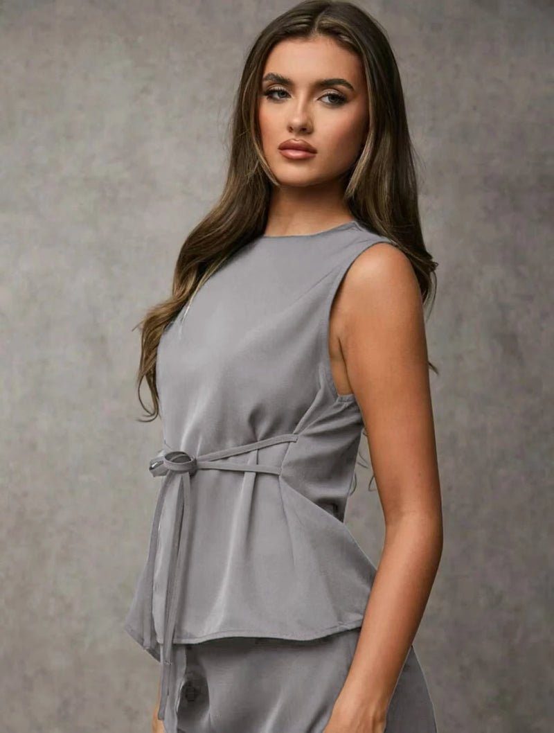 Vendedor IndicadoSJD MODA LADY conjunto fenda frontal com cinto luis twil top sem manga e calca larga elegante social morderno OL office chic