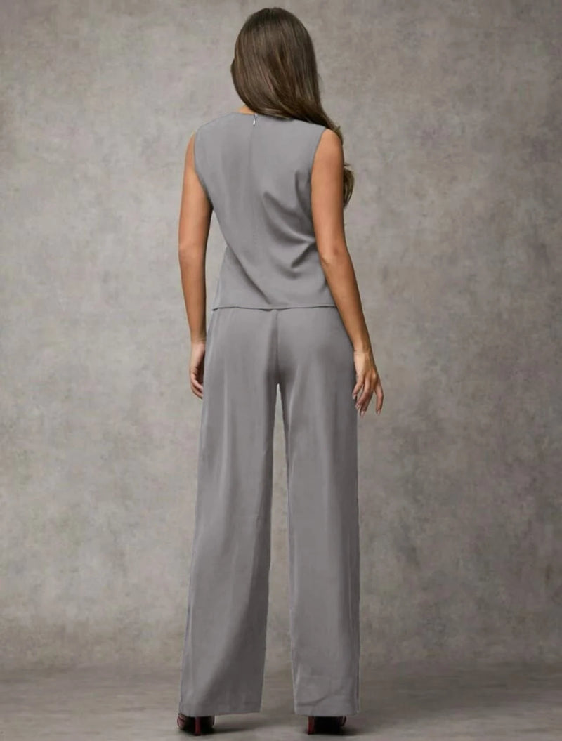 Vendedor IndicadoSJD MODA LADY conjunto fenda frontal com cinto luis twil top sem manga e calca larga elegante social morderno OL office chic