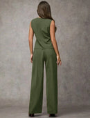 Vendedor IndicadoSJD MODA LADY conjunto fenda frontal com cinto luis twil top sem manga e calca larga elegante social morderno OL office chic