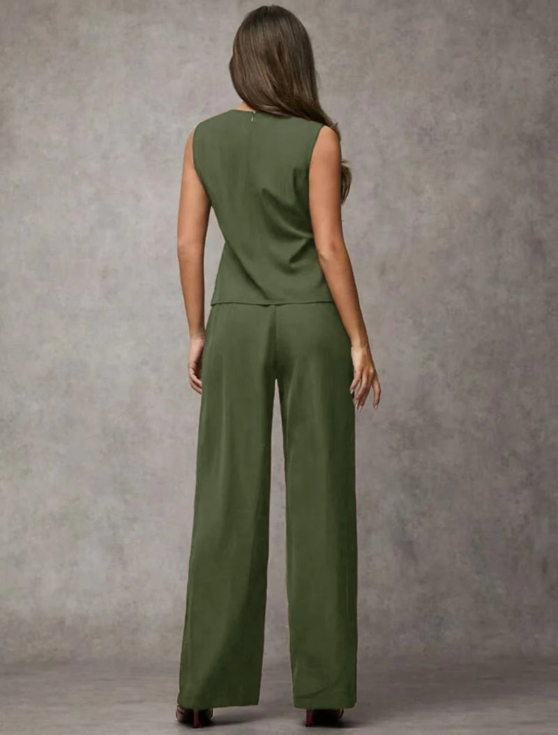 Vendedor IndicadoSJD MODA LADY conjunto fenda frontal com cinto luis twil top sem manga e calca larga elegante social morderno OL office chic