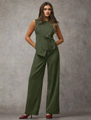 Vendedor IndicadoSJD MODA LADY conjunto fenda frontal com cinto luis twil top sem manga e calca larga elegante social morderno OL office chic