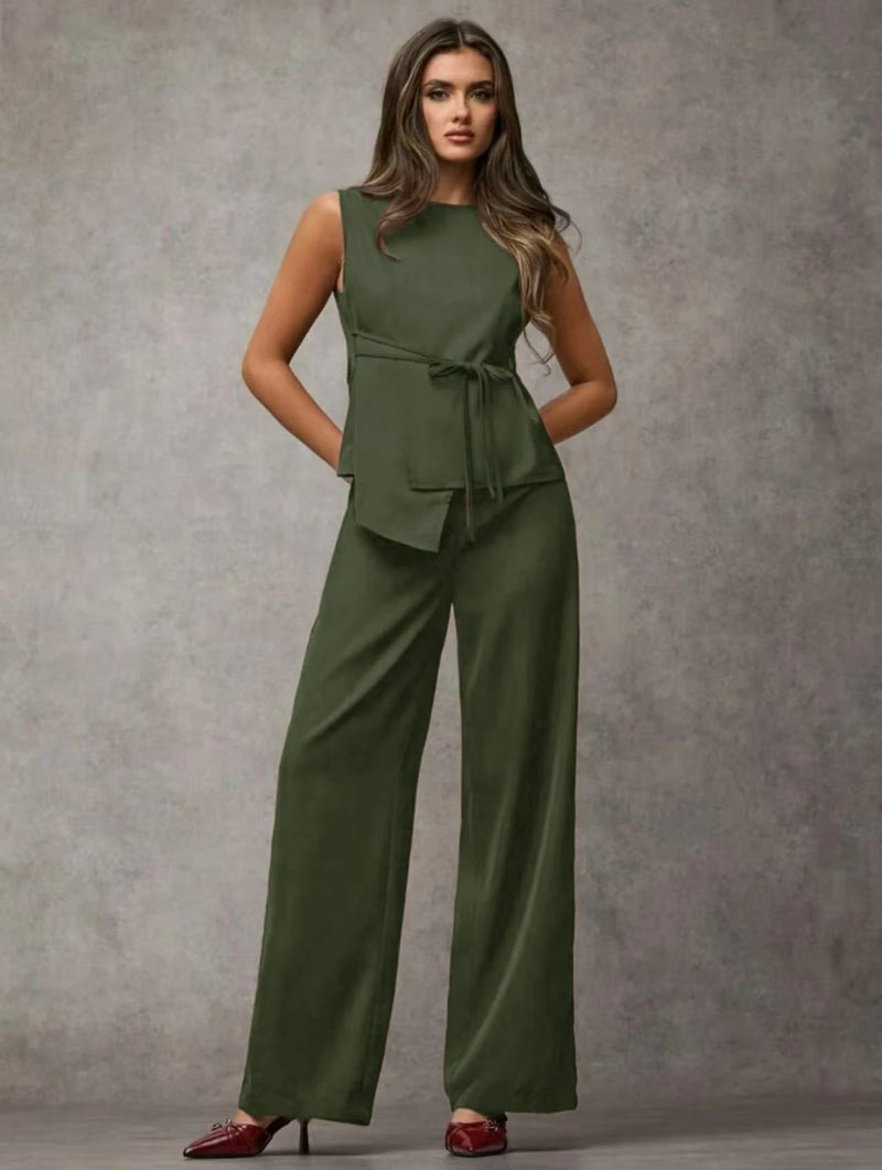 Vendedor IndicadoSJD MODA LADY conjunto fenda frontal com cinto luis twil top sem manga e calca larga elegante social morderno OL office chic