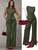 Vendedor IndicadoSJD MODA LADY conjunto fenda frontal com cinto luis twil top sem manga e calca larga elegante social morderno OL office chic