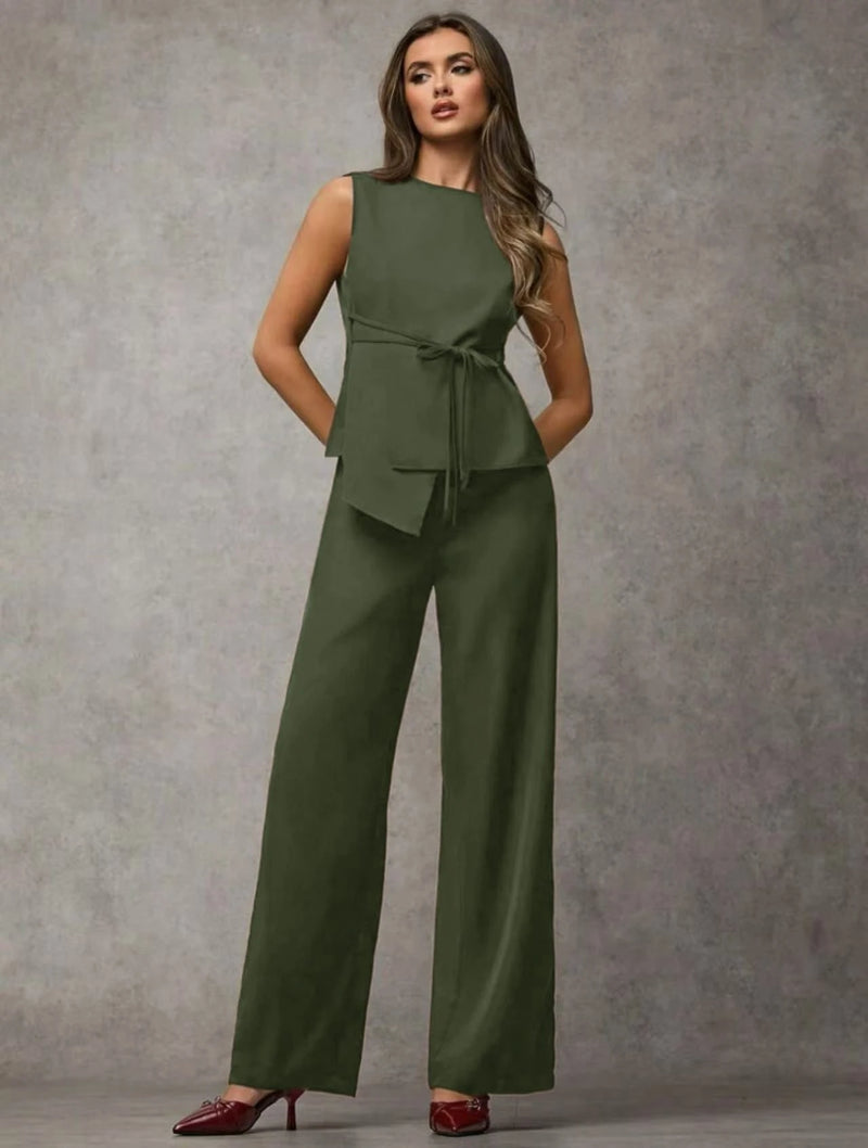 Vendedor IndicadoSJD MODA LADY conjunto fenda frontal com cinto luis twil top sem manga e calca larga elegante social morderno OL office chic