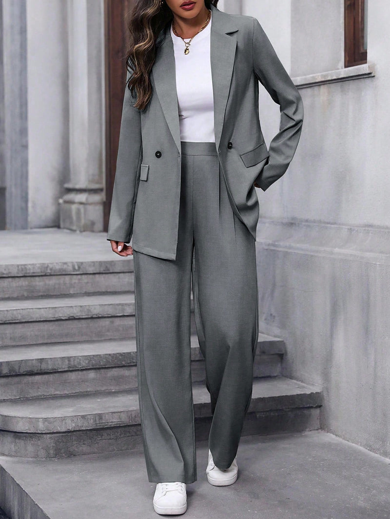 Calvaya Terno de Blazer e Calça de Cor Sólida de Manga Longa de Dupla Altura para Mulheres