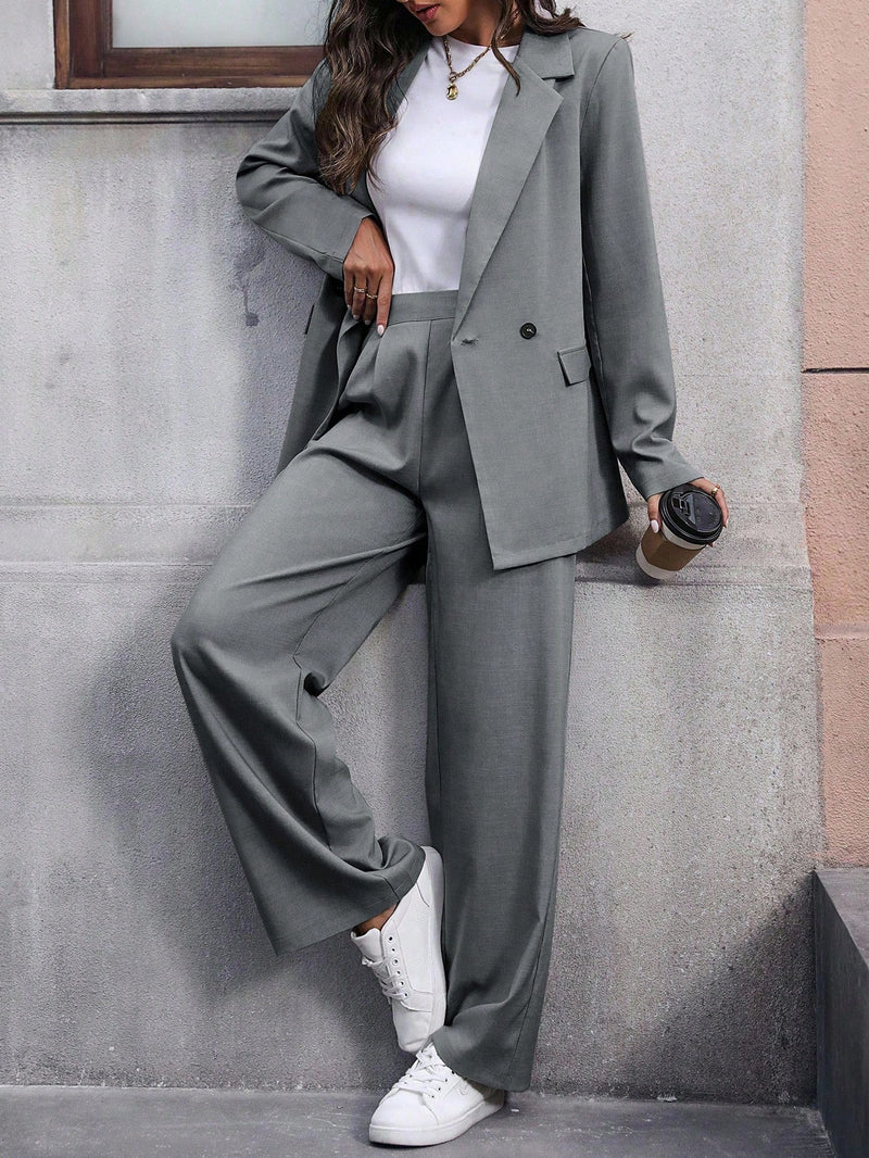 Calvaya Terno de Blazer e Calça de Cor Sólida de Manga Longa de Dupla Altura para Mulheres