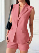 Vendedor IndicadoBeira fashion Conjunto feminina Colete sem manga e Shorts com bolso simples liso Alfaiataria Marrom