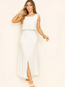 Vendedor IndicadoConjunto longo de linho, composto por saia com fenda e blusa com detalhes nas alças