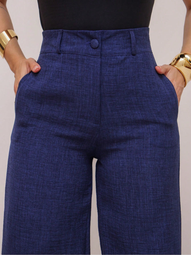 YING ZI Calça Wide Leg Linho Alfaiataria Social
