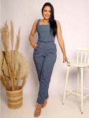 Conjunto Alfaiataria Social Feminino Calça e Cropped Corselet Em Linho Simples Casual elegante Nó Bolso Assimétrico Praia