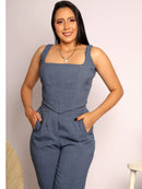 Conjunto Alfaiataria Social Feminino Calça e Cropped Corselet Em Linho Simples Casual elegante Nó Bolso Assimétrico Praia