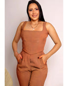 Conjunto Alfaiataria Social Feminino Calça e Cropped Corselet Em Linho Simples Casual elegante Nó Bolso Assimétrico Praia