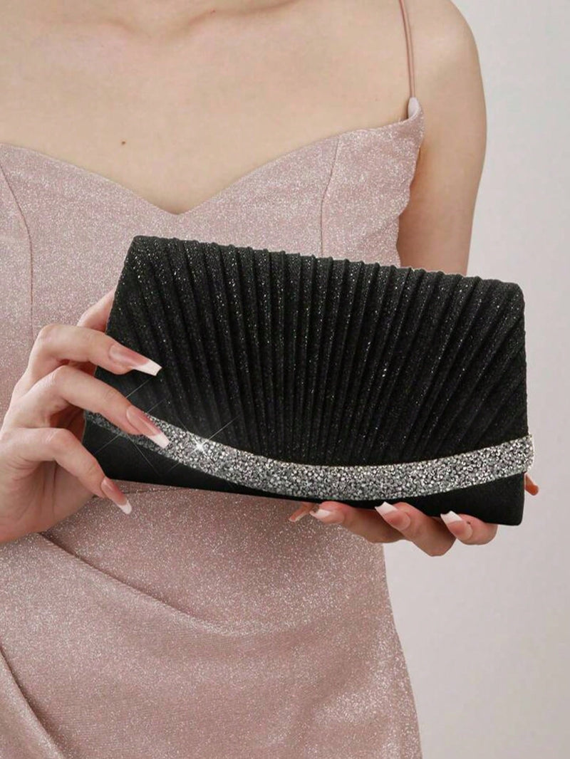 Bolsa de Festa Preta Pequena com Glitter, Bolsa Quadrada Plissada Glamorosa com Decoração de Strass Brilhante, Bolsa com Aba e Corrente Metálica para Jantar de Casamento/Banquete