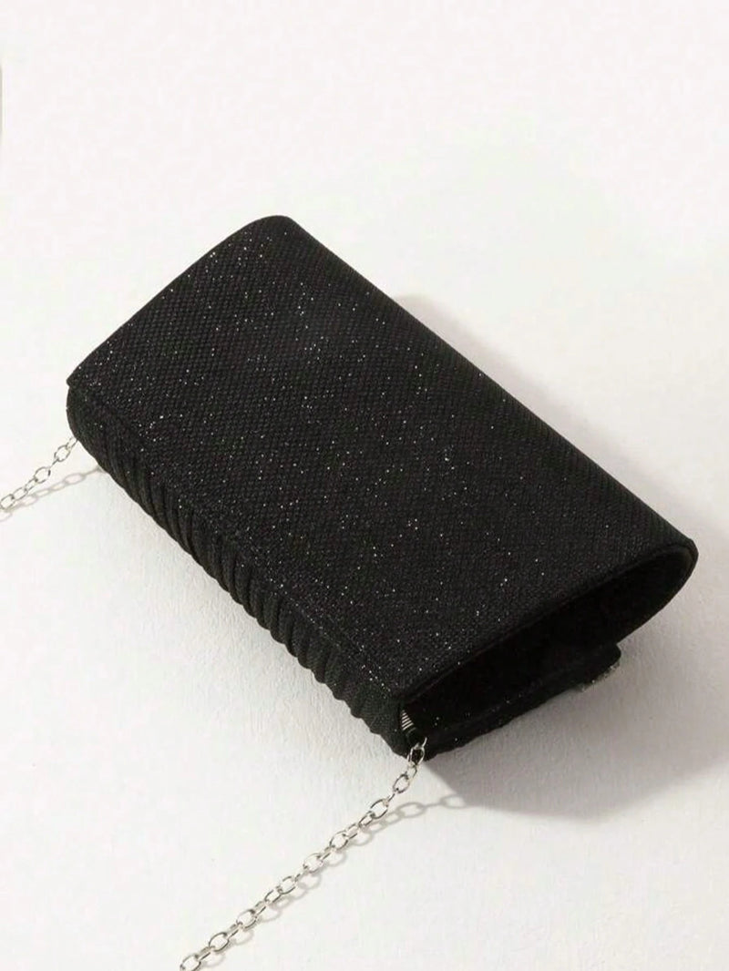 Bolsa de Festa Preta Pequena com Glitter, Bolsa Quadrada Plissada Glamorosa com Decoração de Strass Brilhante, Bolsa com Aba e Corrente Metálica para Jantar de Casamento/Banquete
