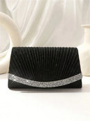 Bolsa de Festa Preta Pequena com Glitter, Bolsa Quadrada Plissada Glamorosa com Decoração de Strass Brilhante, Bolsa com Aba e Corrente Metálica para Jantar de Casamento/Banquete