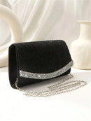 Bolsa de Festa Preta Pequena com Glitter, Bolsa Quadrada Plissada Glamorosa com Decoração de Strass Brilhante, Bolsa com Aba e Corrente Metálica para Jantar de Casamento/Banquete