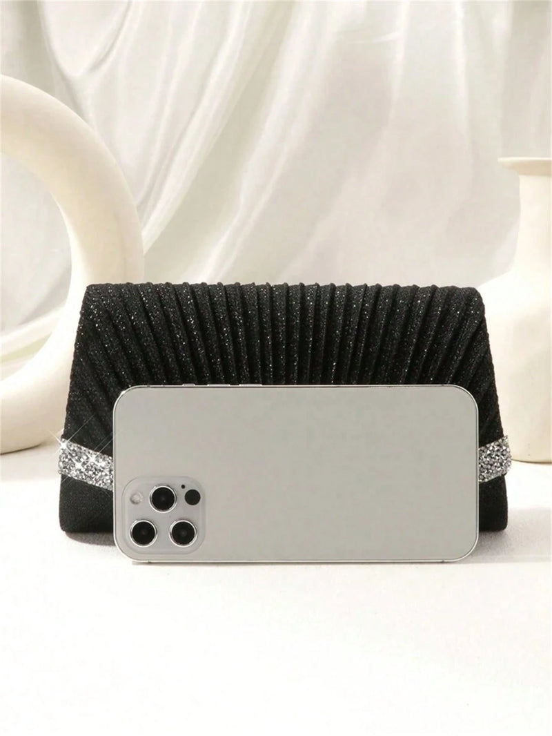 Bolsa de Festa Preta Pequena com Glitter, Bolsa Quadrada Plissada Glamorosa com Decoração de Strass Brilhante, Bolsa com Aba e Corrente Metálica para Jantar de Casamento/Banquete