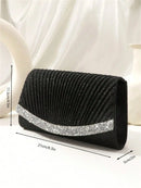 Bolsa de Festa Preta Pequena com Glitter, Bolsa Quadrada Plissada Glamorosa com Decoração de Strass Brilhante, Bolsa com Aba e Corrente Metálica para Jantar de Casamento/Banquete