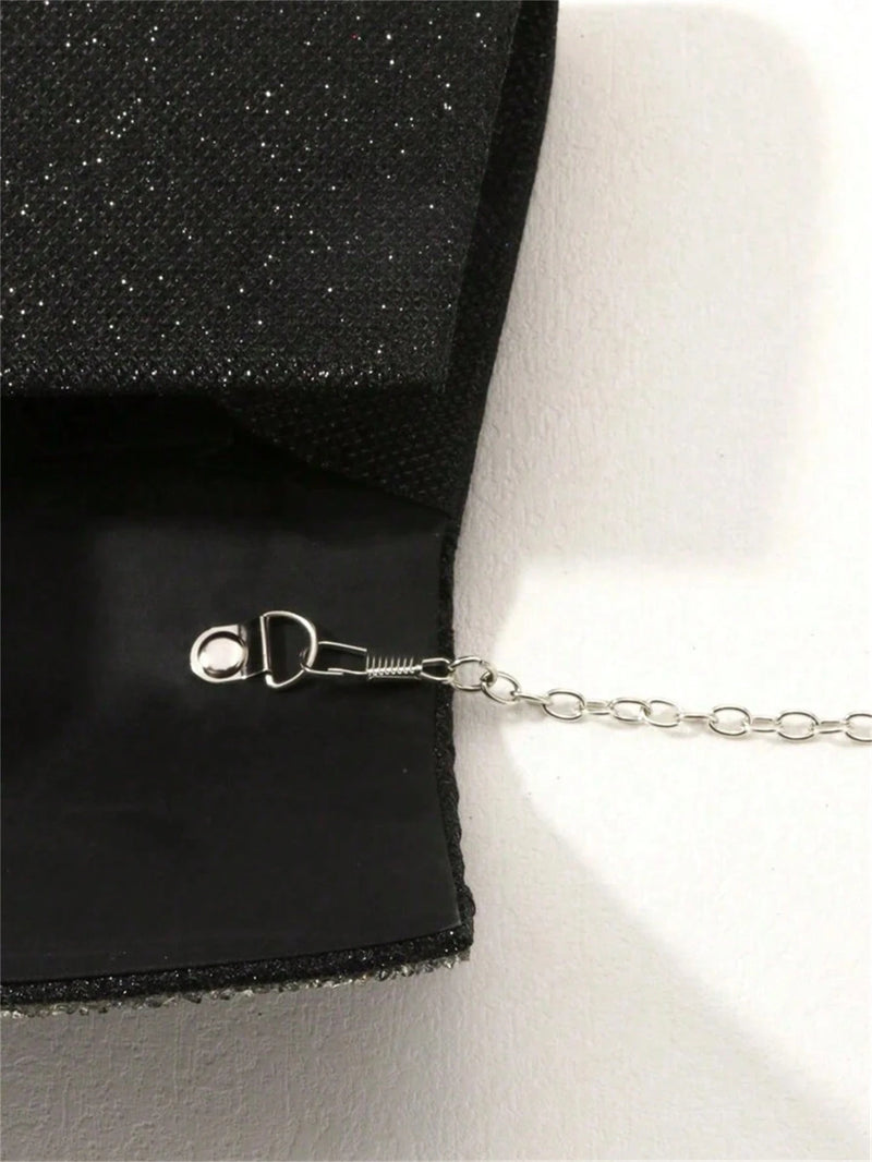 Bolsa de Festa Preta Pequena com Glitter, Bolsa Quadrada Plissada Glamorosa com Decoração de Strass Brilhante, Bolsa com Aba e Corrente Metálica para Jantar de Casamento/Banquete