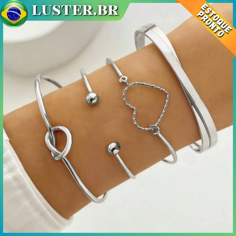 Conjunto de pulseira com nó de coração em liga de diamantes da moda, pulseira geométrica com coração criativo